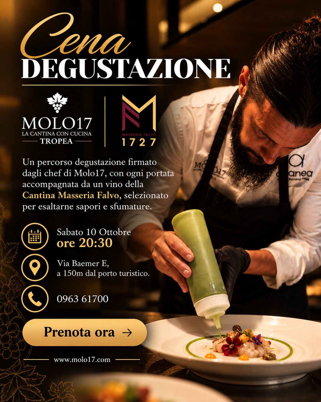 Locandina della cena degustazione: sabato 10 ottobre alle 20:30 da Molo17, Tropea, con i vini della Cantina Masseria Falvo